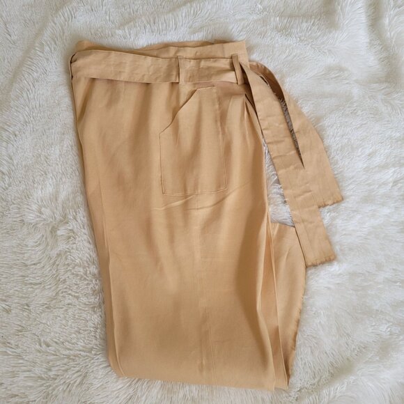 Calvin Klein Women's Tan Belted High Waist Pleated Linen Blend Pants Sz 12 - Picture 9 of 11